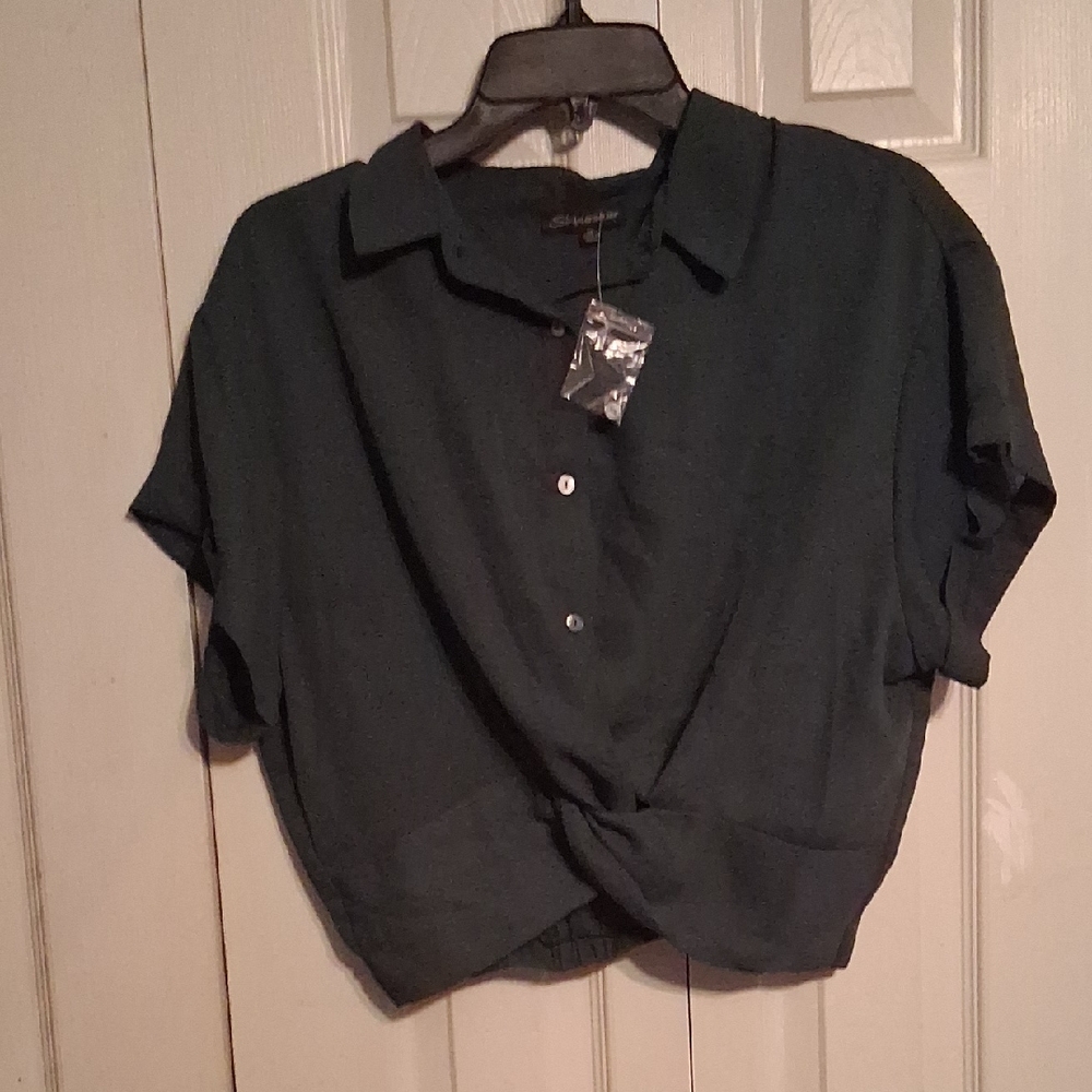 Shinestar Collared Button-Front Top with Front Knot - Dark Green
